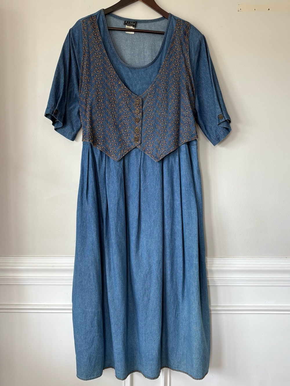 Vintage AS Elliot Denim Dress W/ Vest 20W Prairie Cottagecore 90s USA Made Read
